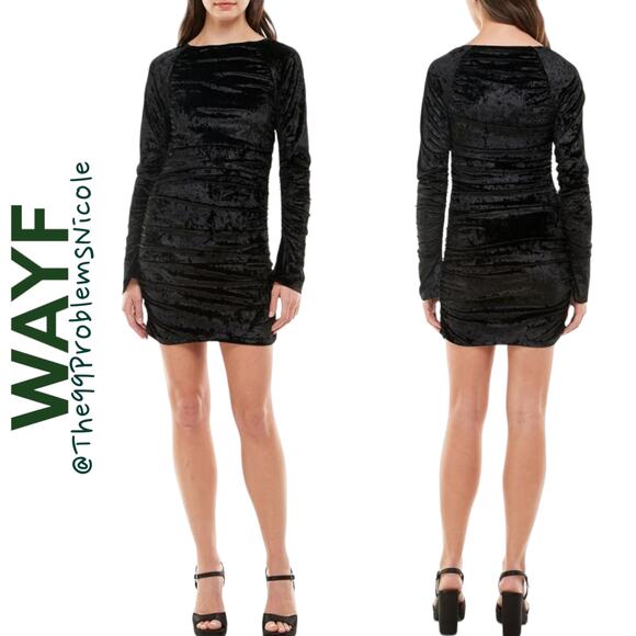 WAYF Clique Ruched Long Sleeve Velvet Minidress - Picture 1 of 7